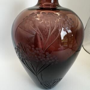 Hand Blown Ruby Red Vase Etched Trees &‎ Dragonfly 8”
